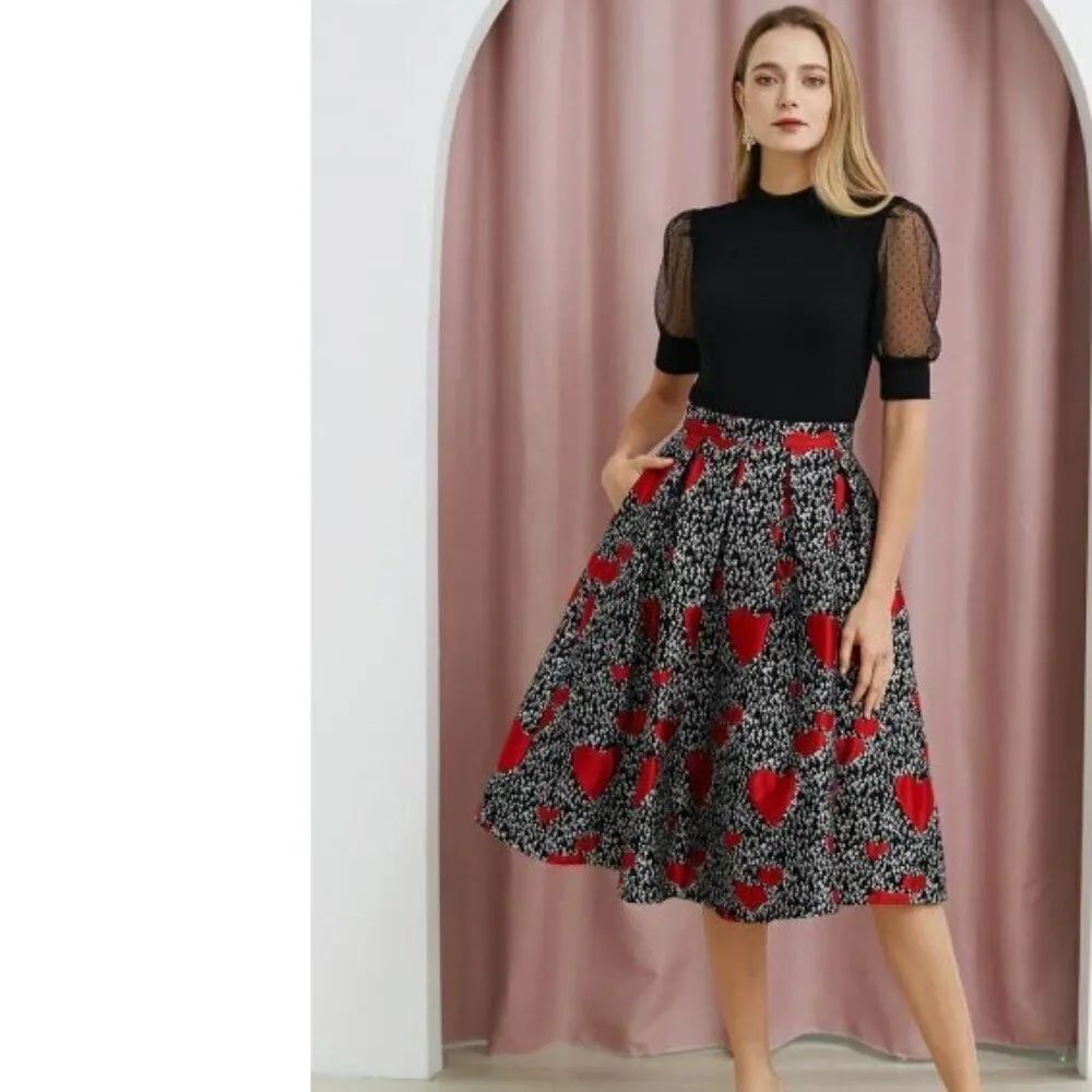 NWT CHICWISH Love Story Red Heart Pleated Midi Skirt in Size S